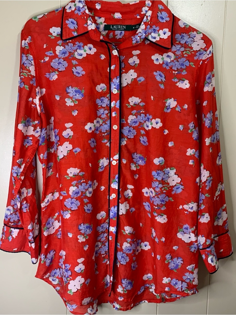 Women’s M Lauren Ralph Lauren Red Floral Button-Front Blouse cottage core